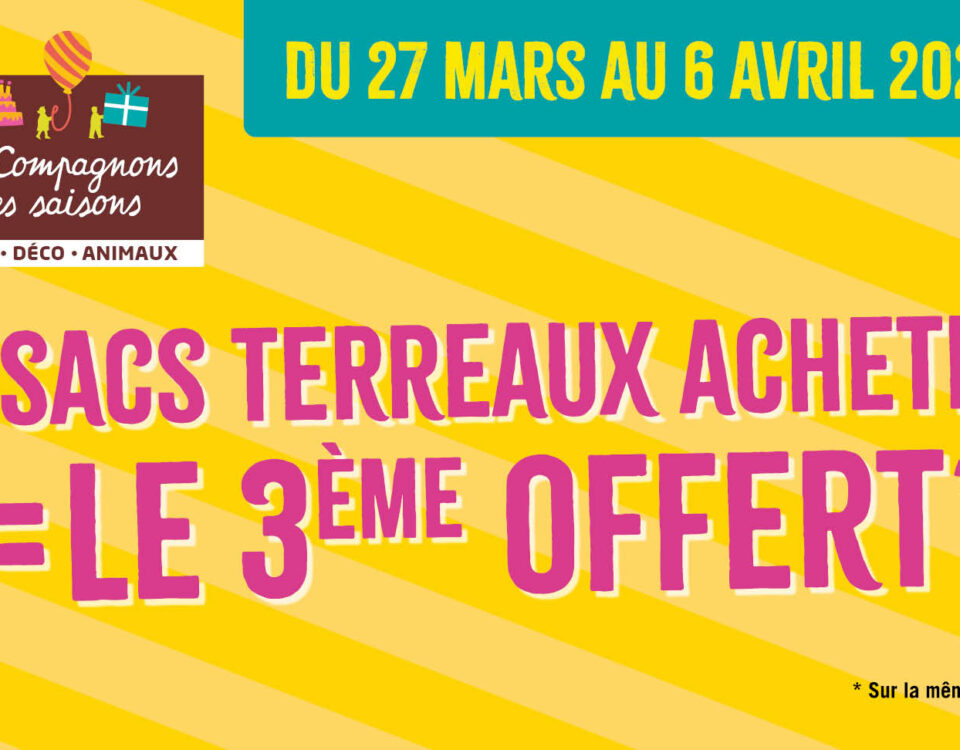 Foire aux Terreaux chez Les Compagnons des Saisons : promotions sur les terreaux et paillages du 27 mars au 6 avril selon sélection en magasin.